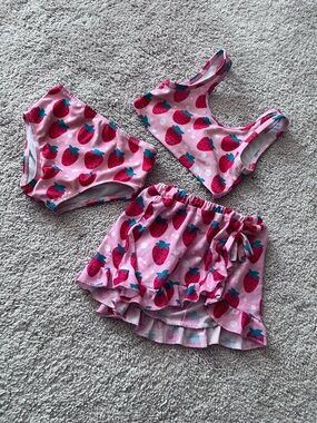 Girls Pink Strawberry Swim Set with Ruffle Skirt